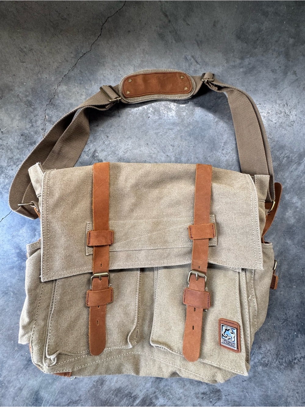 Sechunk Vintage Military Leather Canvas Laptop Messenger Bag